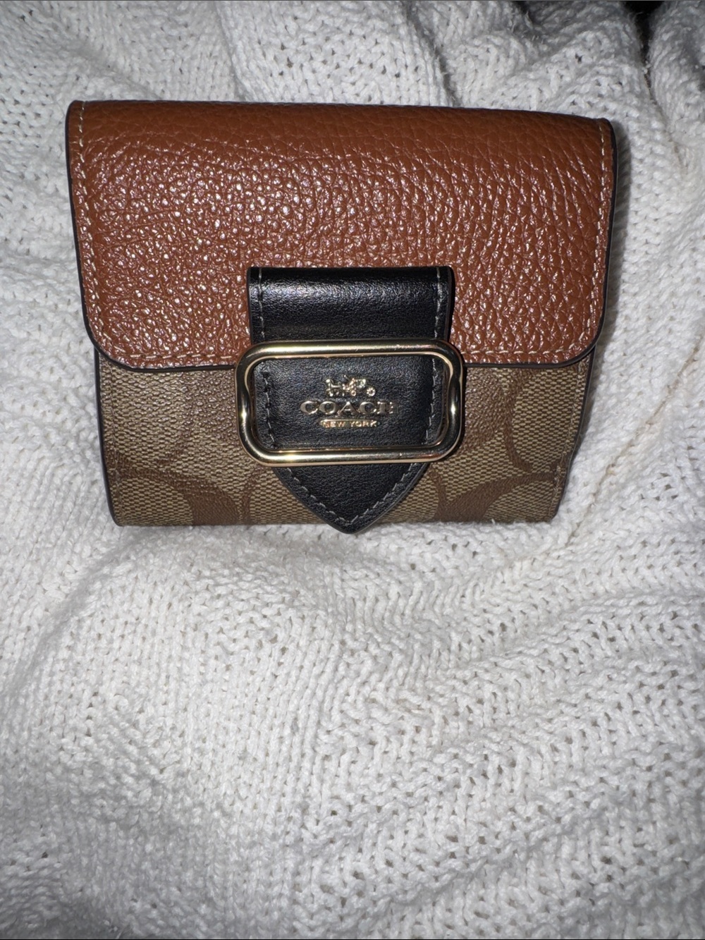 Coach Morgan Brown and Black Signature Compact Wallet with Gold Buckle
